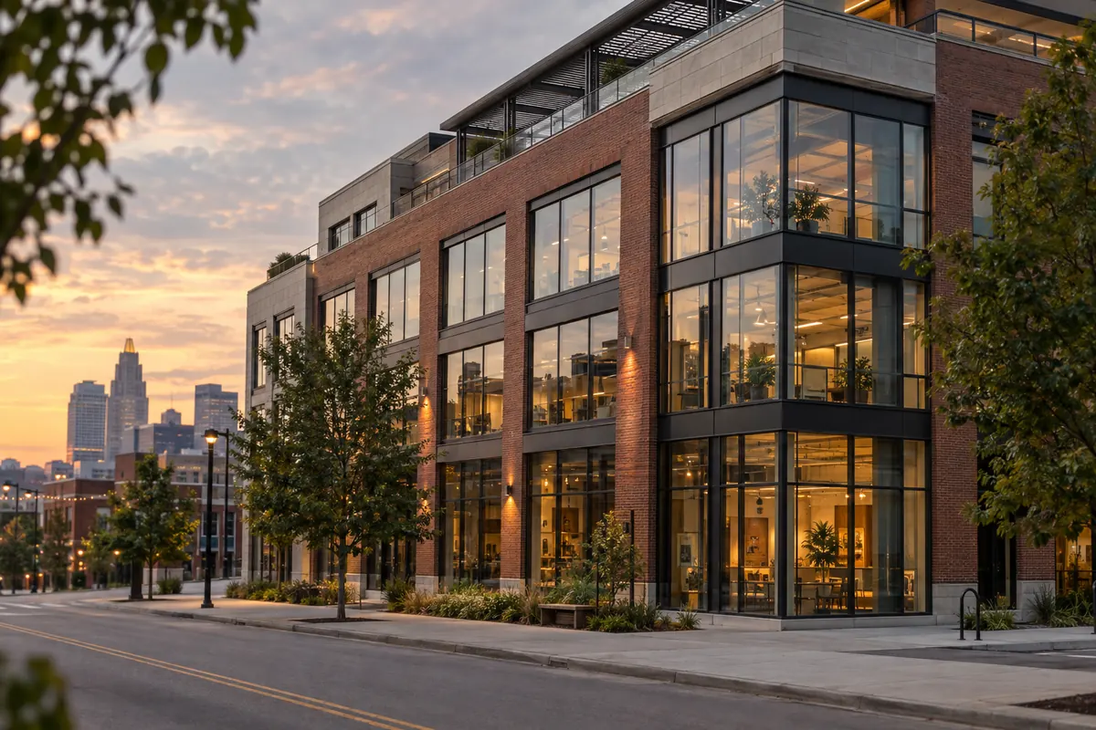 A completed brick and glass commercial building in the Crossroads district at dusk