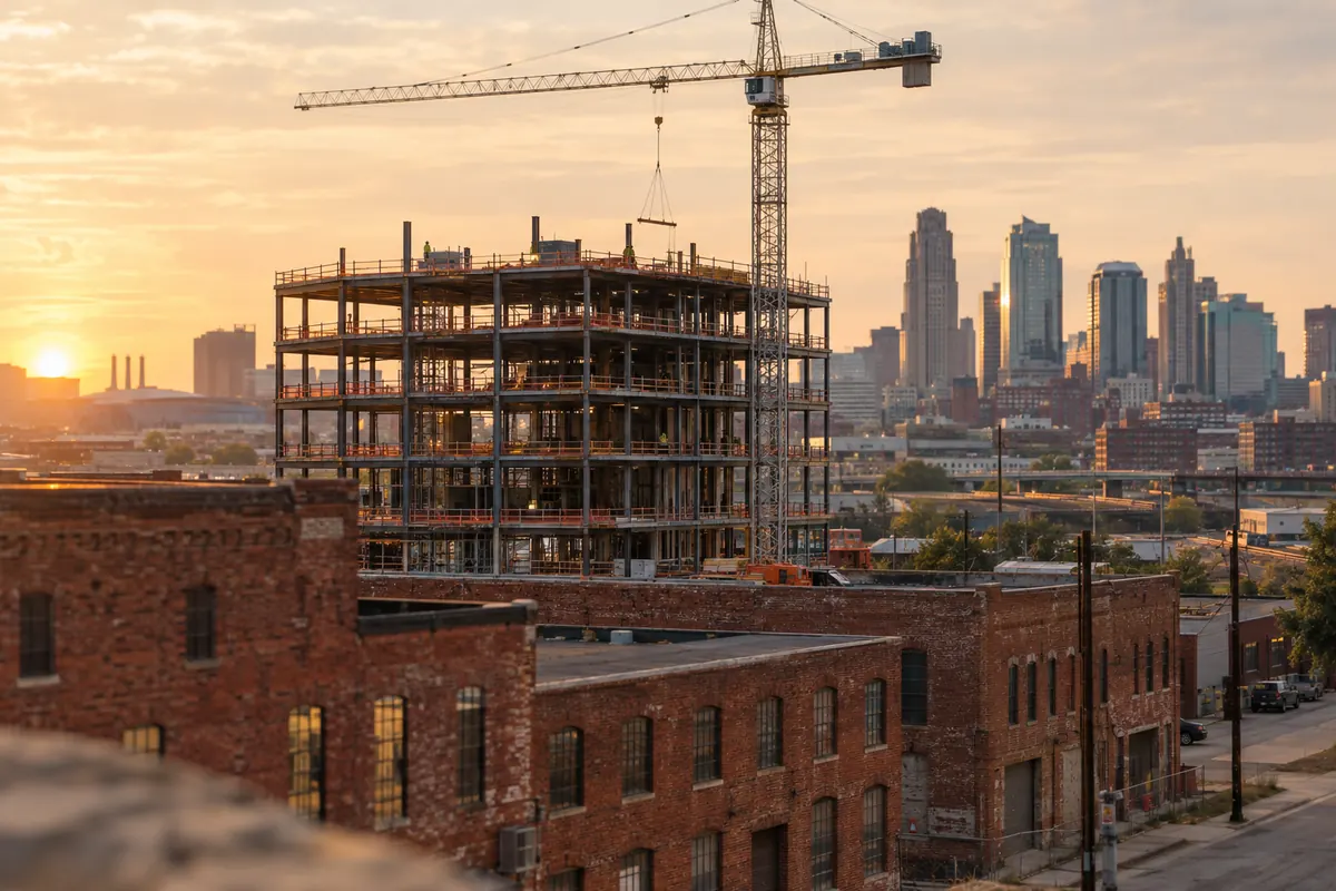 A steel-frame building under construction in the West Bottoms with the Kansas City skyline behind it