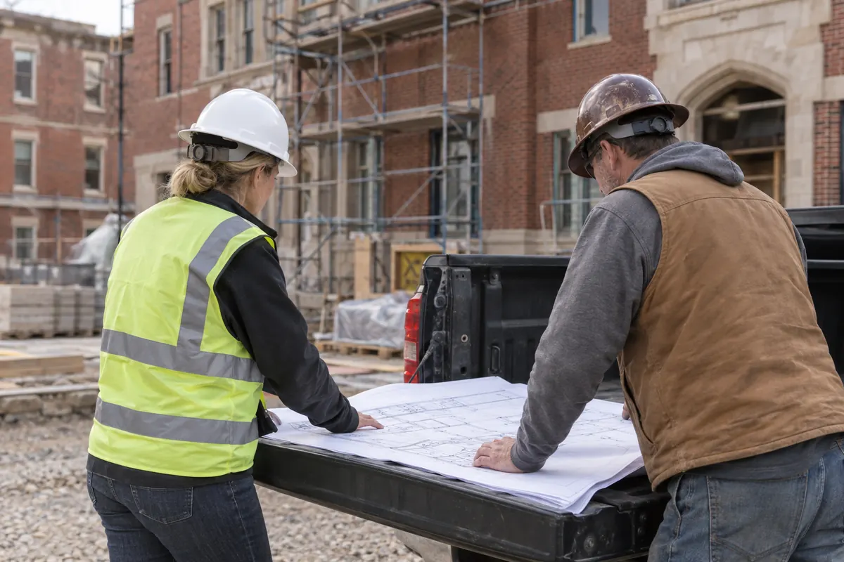 An owner’s representative and superintendent reviewing drawings on a truck tailgate at a Kansas City job site